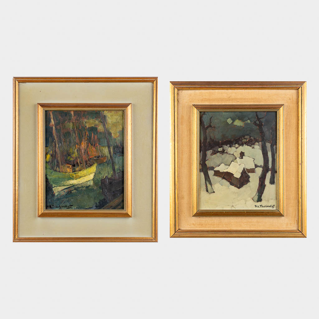 Hilaire VAN BIERVLIET (1891-1982) 'Boats & Winter Landscape' oil on board. (W:24 x H:30 cm)