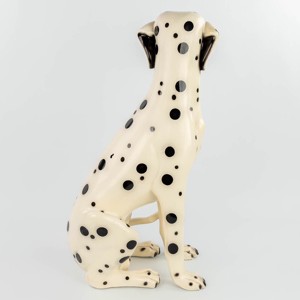 A mid-century statue of a Dalmatian made of glazed faience in Italy. (H:71cm)