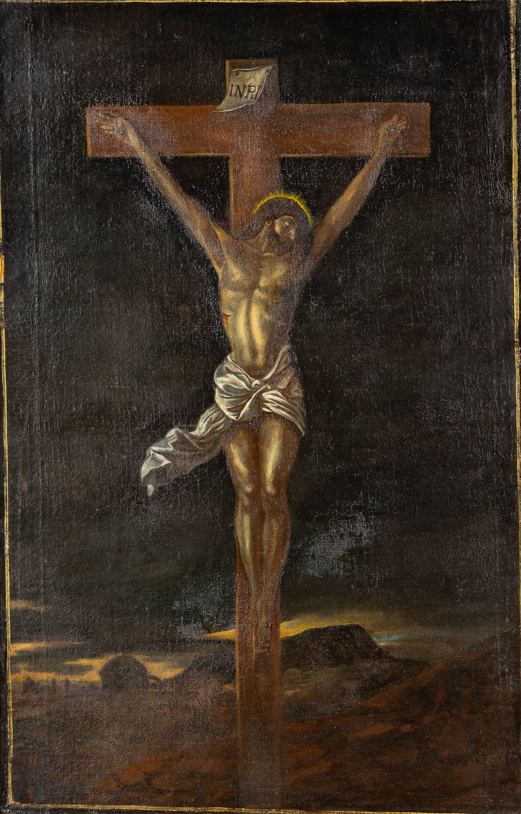 Een antiek schilderij 'Jezus hangt aan het kruis' olie op doek. 18de eeuw. (W:58 x H:89 cm)
