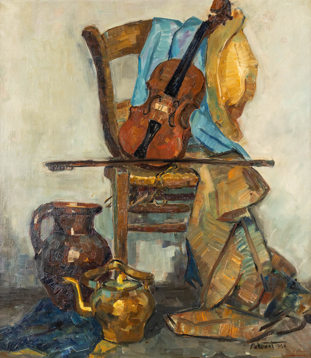 Robert ACKAERT (1929) 'Stilleven met een viool' olie op doek. (W:70 x H:80 cm)