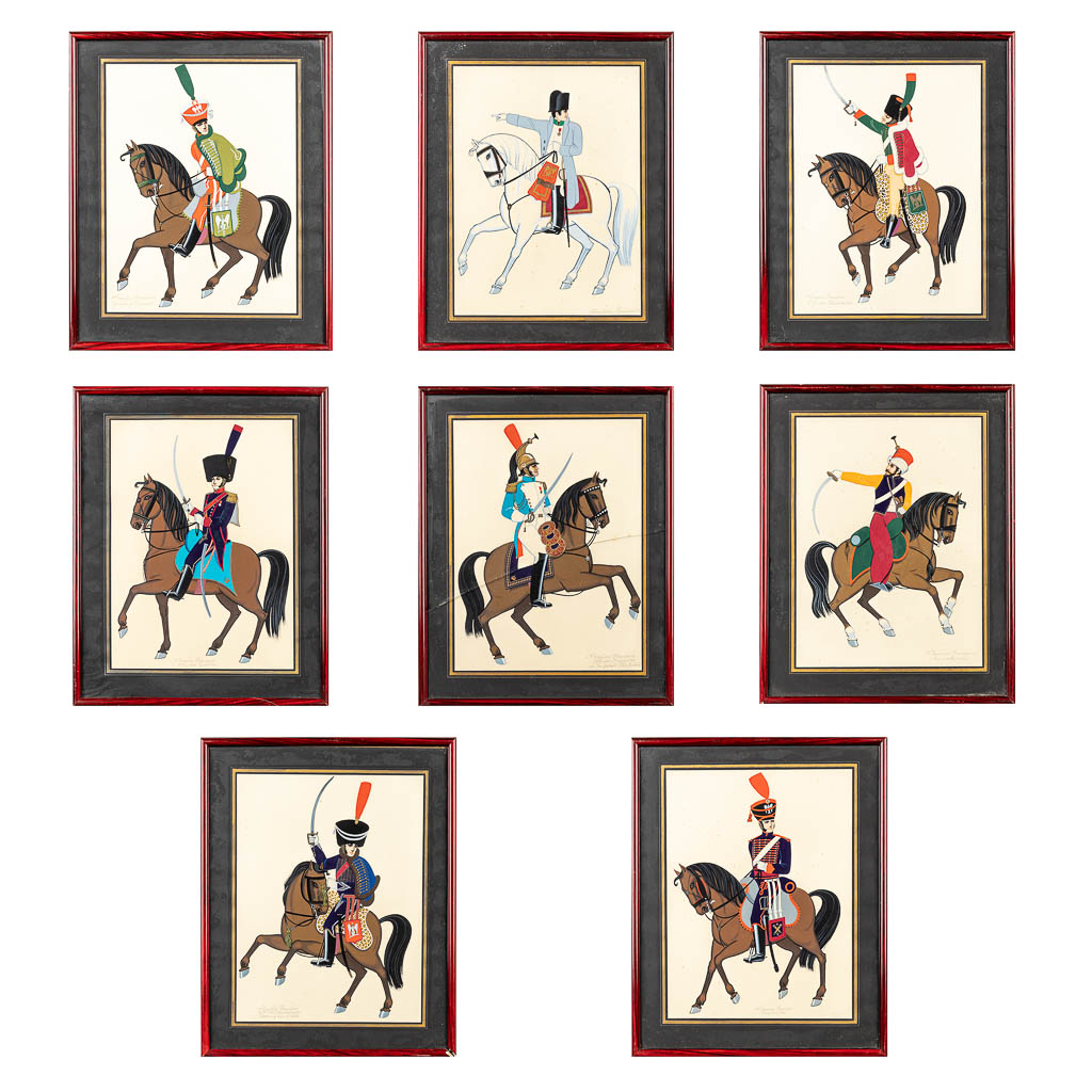 A collection of framed with hand-painted figurines on a horse (20,5 x 26,5 cm)
