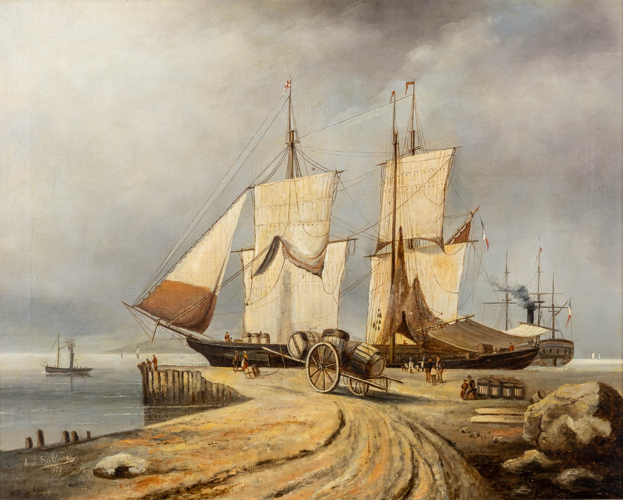 Emile SPILLIAERT (1858-1913) 'Ships at the dock' 1877. (W:80 x H:64 cm)