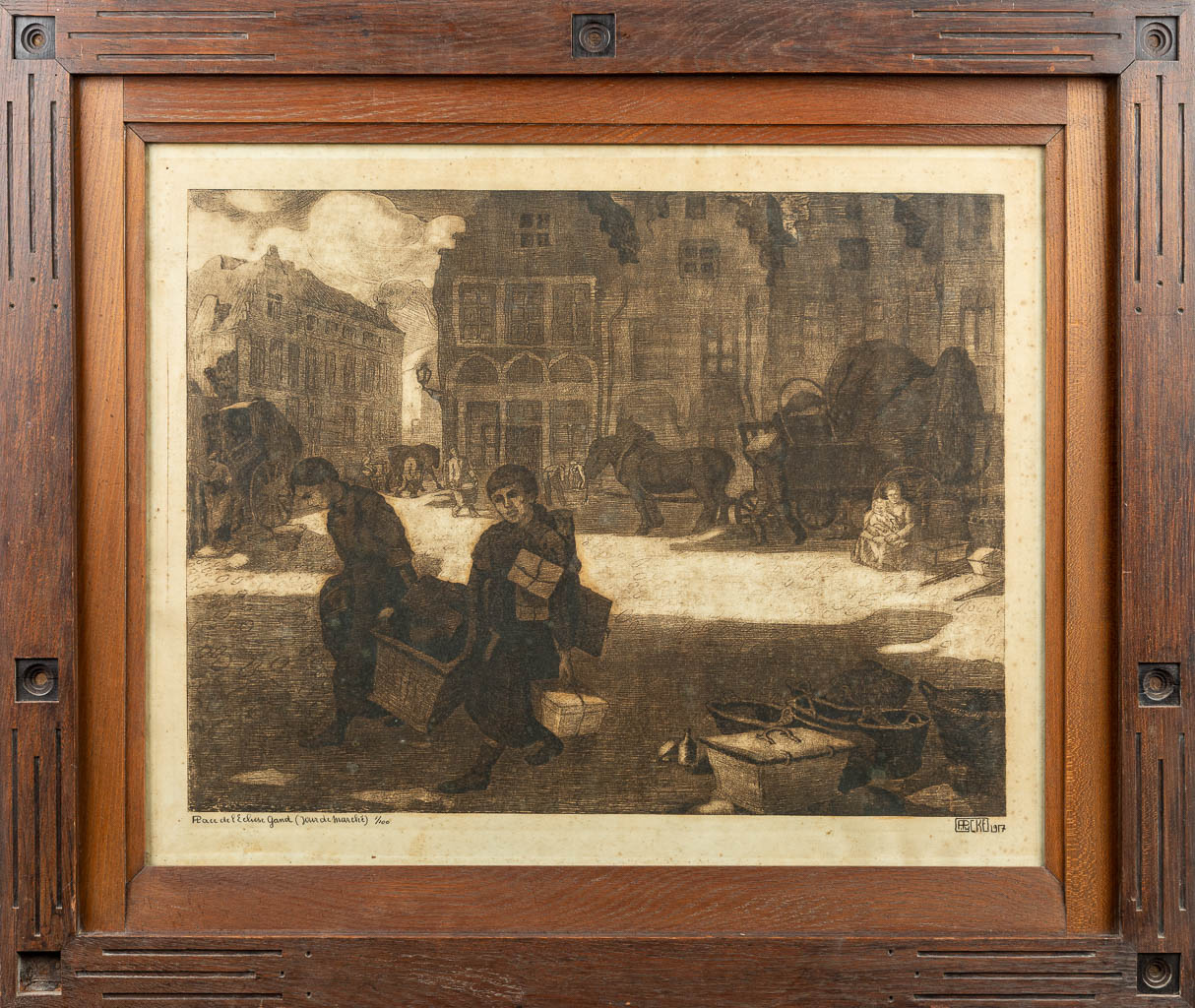 François PYCKE (1890-1960) 'Place de L'Ecluse à Gand, Jour de marché', Een ets. 1/100. 1917. (70 x 57 cm)