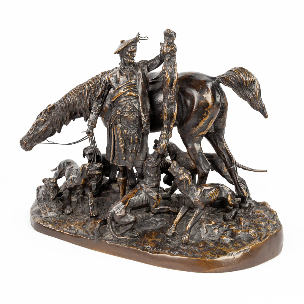 Pierre-Jules MÈNE (1810-1879) 'Hunting Scene with Scottish Figurine' a statue, patinated bronze. 19th C.   (L:18 x W:36 x H:2
