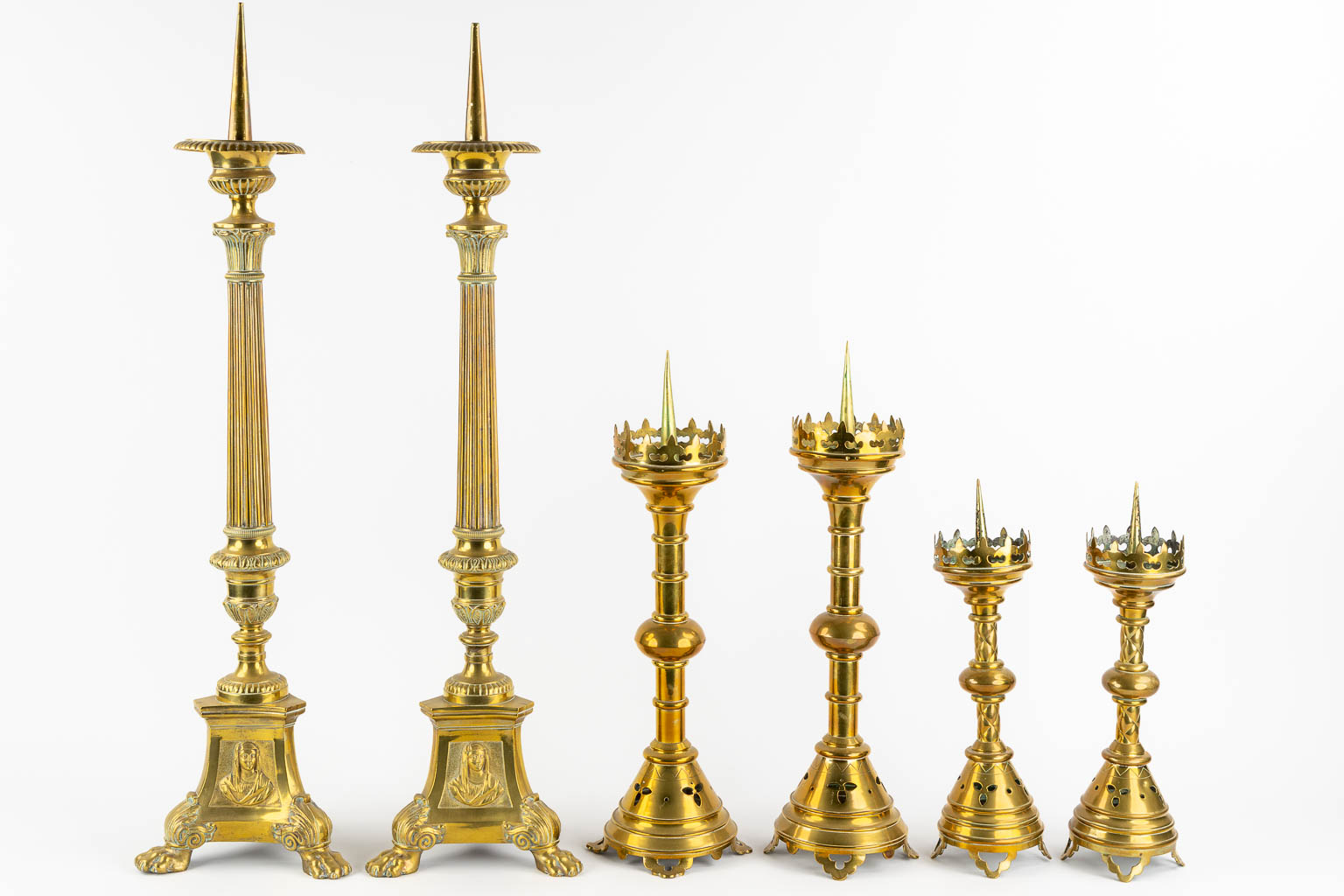 Three pairs of Church candlesticks, brass. Gothic Revival. (H:86 cm)