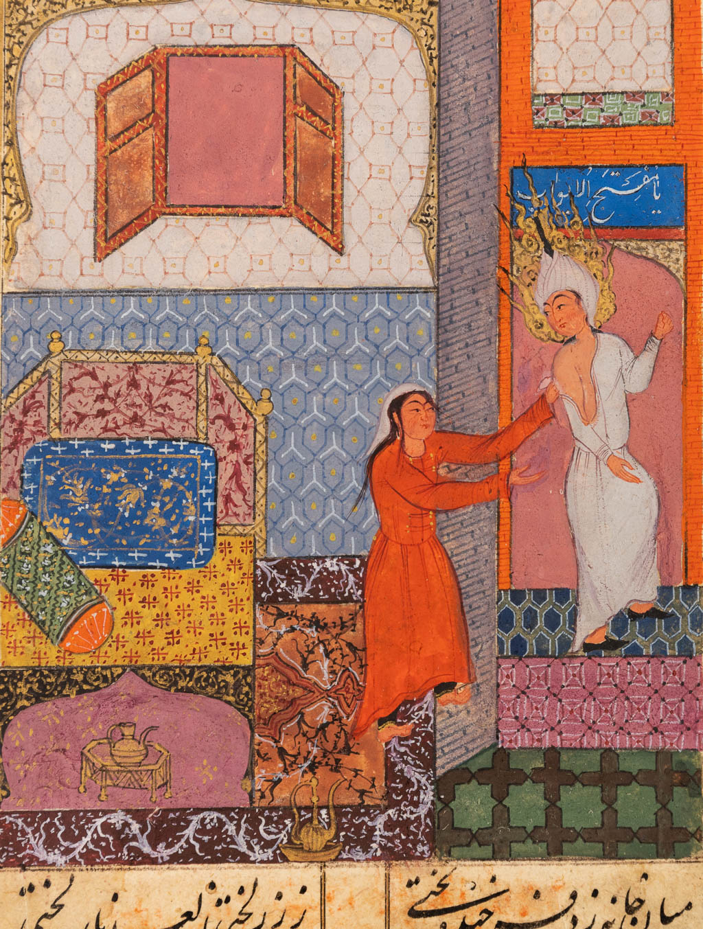 A Safavid miniature of Yusuf and Zulaikha, Persia, 16th C. (W:11,5 x H:19 cm)