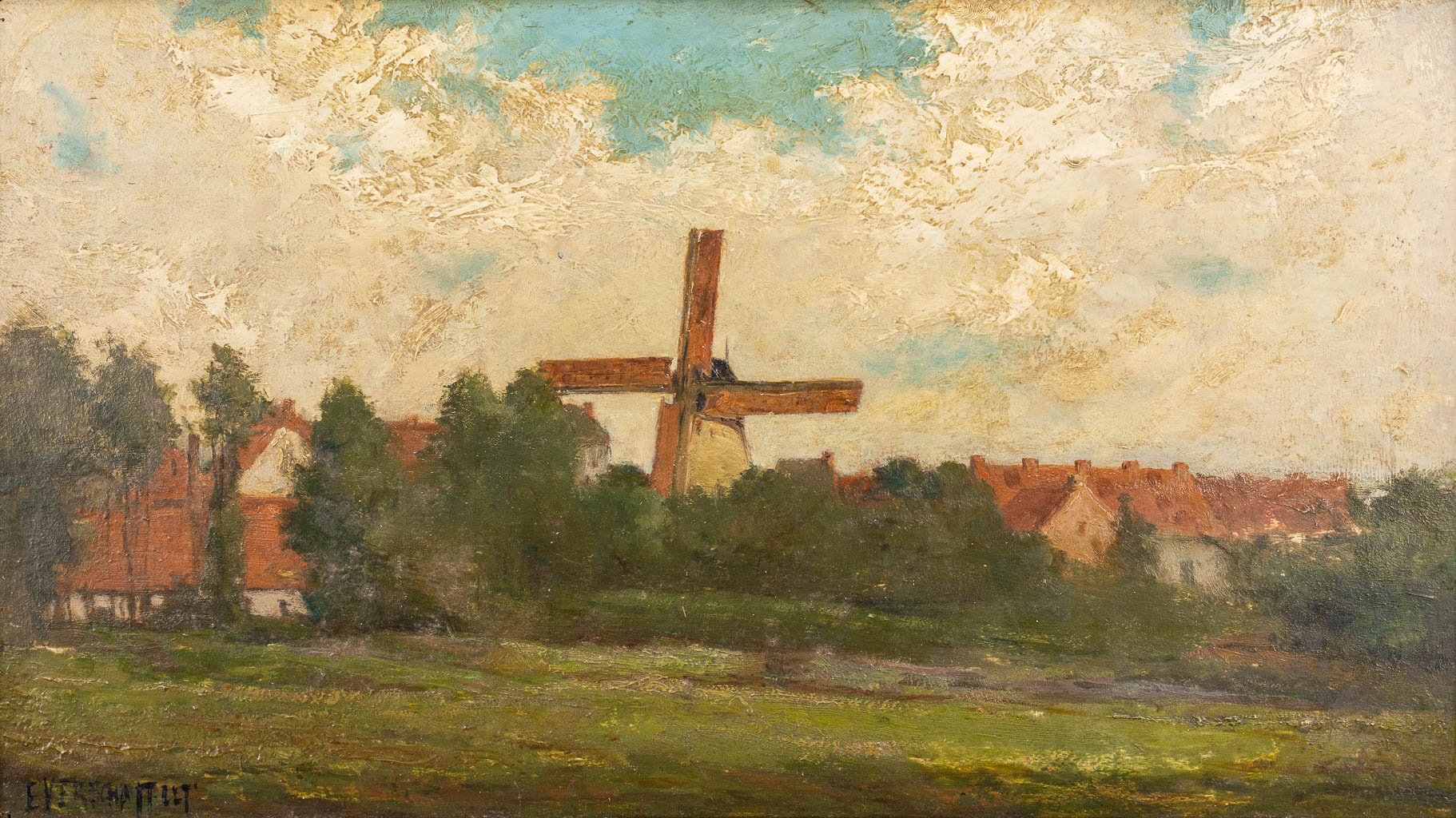 Edouard VERSCHAFFELT (1874-1955)(attr.) 'Landscape with a windmill' oil on panel. (W:50 x H:28 cm)