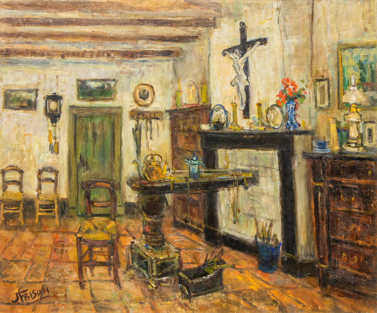 Jehan FRISON (1882-1961) 'Antiek Interieur', olie op doek. Linkebeek 1957. (60 x 50 cm)