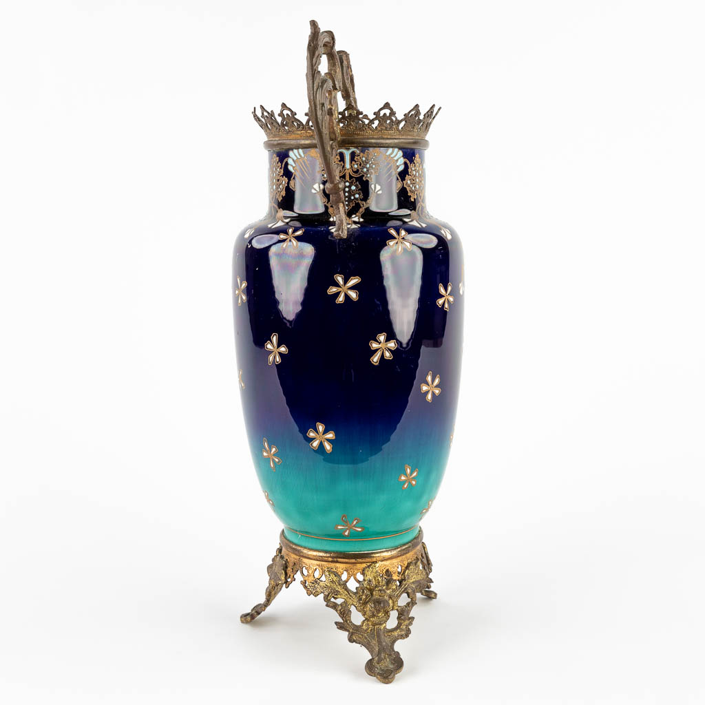 Luneville, a large brass mounted faience vase with starry sky decor. Art Nouveau. (D:15 x W:20 x H:38 cm)