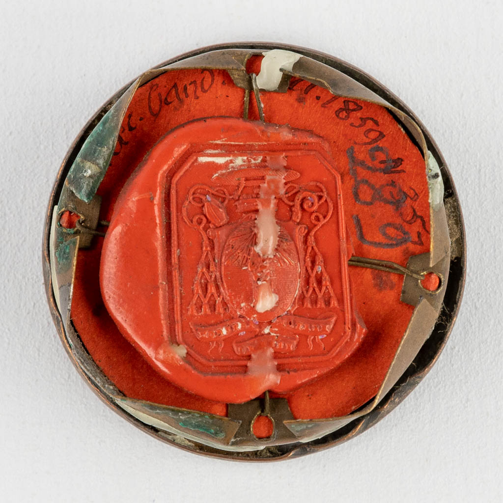 A sealed theca with a relic: Ex Ossibus Sancti Prosperi Martyris
