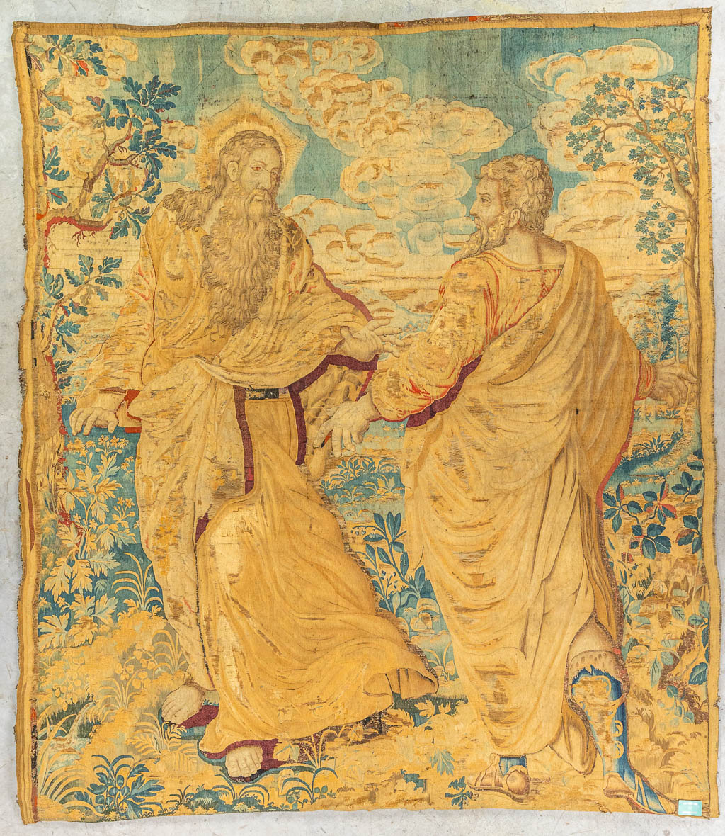 A biblical fragment of a tapestry, with 2 figurines. Made in Flanders. (H:295cm)