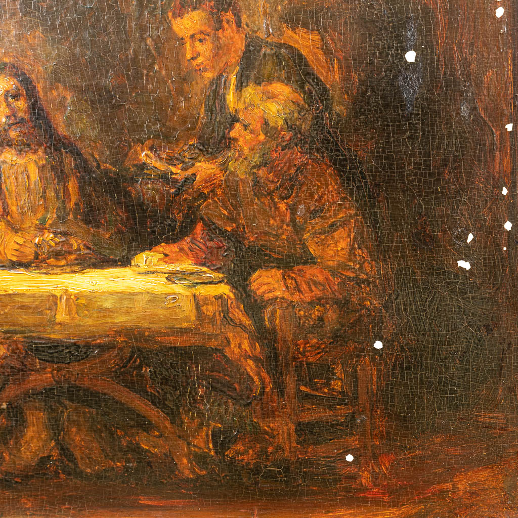 No signature found, 'Jesus Christ seated at a table' a painting, oil on panel. (45 x 45 cm)