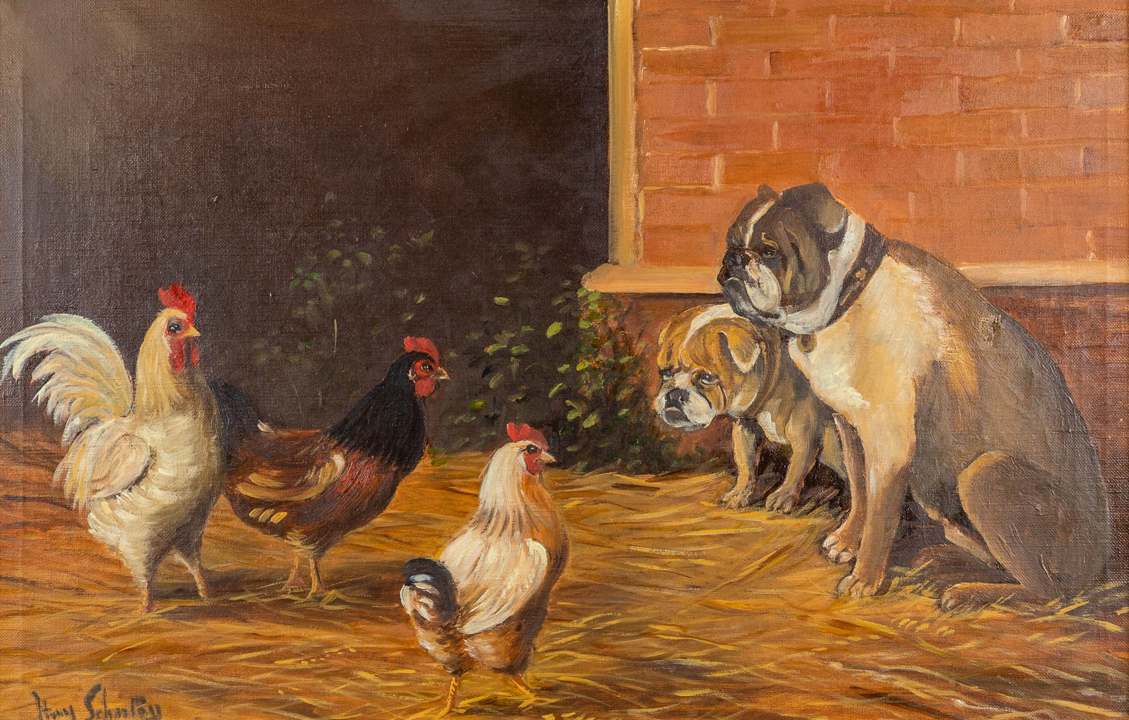Paul SCHOUTEN (1860-1922) 'Chicken and dogs' a painting, oil on canvas. (W:54 x H:36 cm)