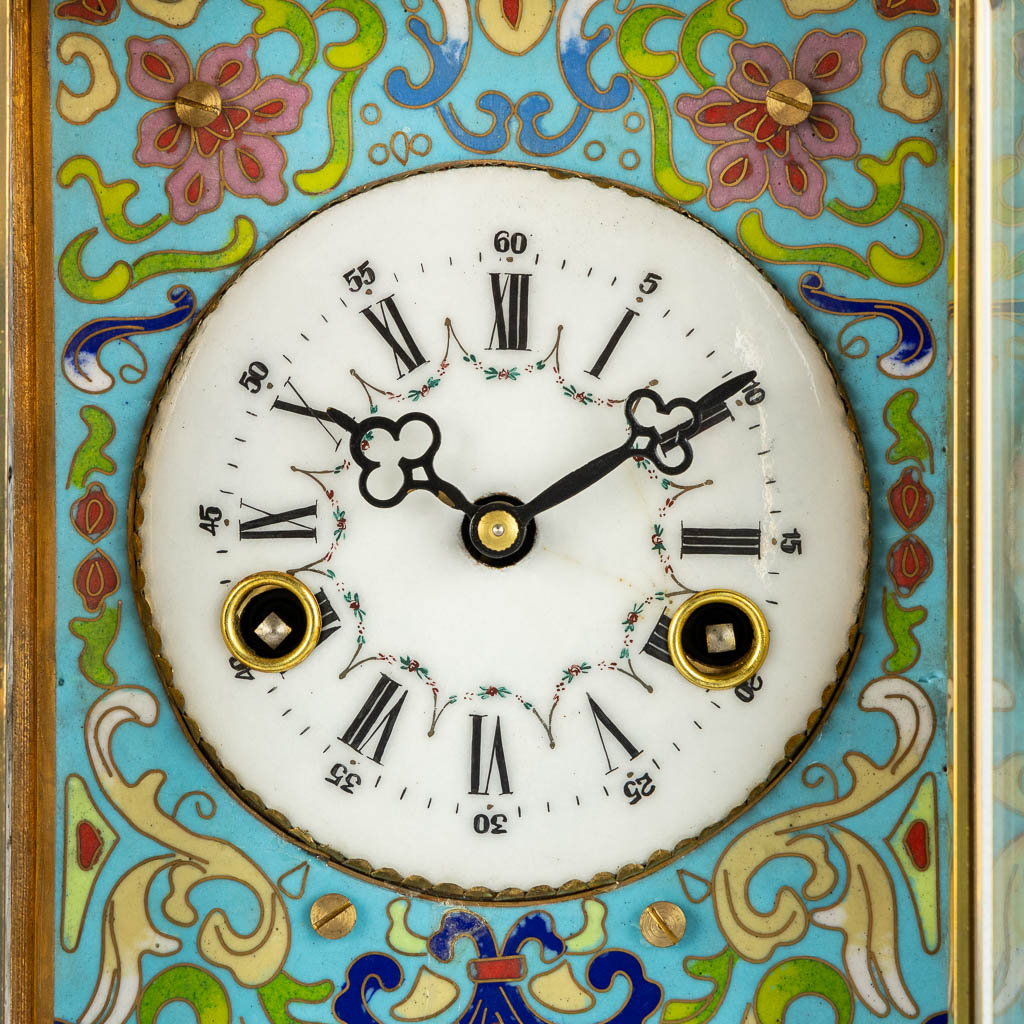 A decorative table clock, finished with cloisonné enamel. (L:15 x W:32 x H:46 cm)