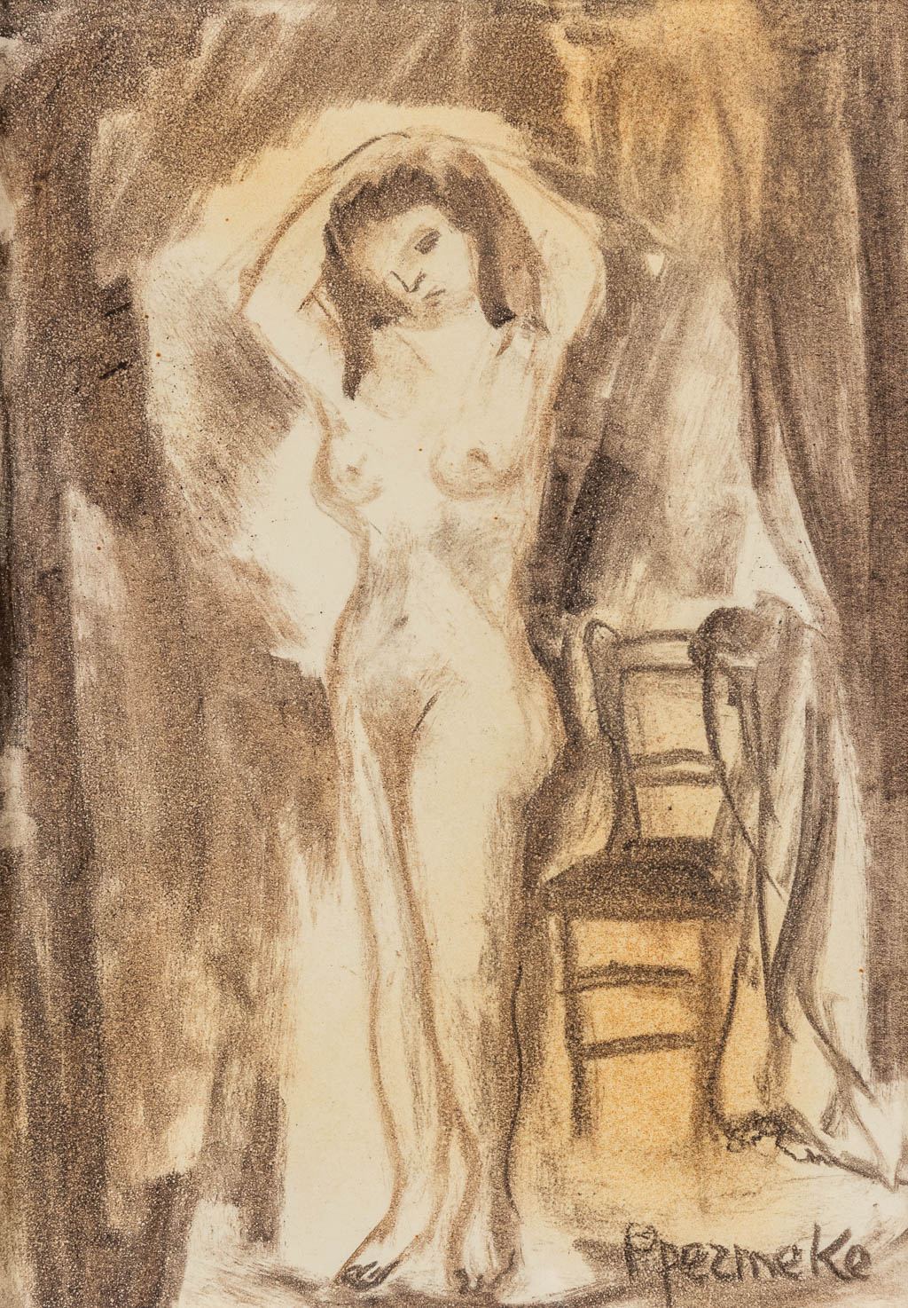 Paul PERMEKE (1918-1990) 'Standing Nude' charcoal on paper. (W:25 x H:35 cm)