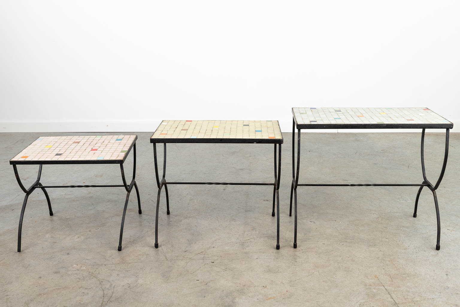A collection of 3 mid-century side tables with inlaid stones. (H:43cm)